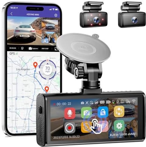 AZDOME M560 3 Channel 4K Dash Cam, 4 IPS Touchscreen Built-in eMMC 128GB Front and Rear Inside, WiFi GPS 2K+1K Dual on Board Dashcam for Car, 24H Parking Mode IR Night Vision G-Sensor,Easy to Install