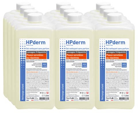 SORIFA - 12 Stück HPderm Reinigungsgel ohne Parfüm - häufiges Waschen - empfindliche oder reaktive Haut - Hände und Körper - mit schützenden Sojaproteine - pH-neutral, ohne Seife - 1 Liter Flasche