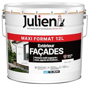 Julien Peinture pour Façades Multi-Supports en phase Aqueuse - Murs extérieurs, appuis de fenêtres, soubassement, gouttières - Blanc 12 L