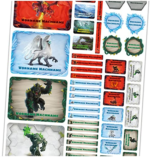 Schleich© Eldrador Creatures 50x Namensaufkleber personalisierte Sticker mit Wunschname zum Markieren von Hefte Stifte Kinder Name Schule Kindergarten Set Figur (01 Mix)