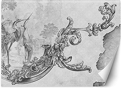 Luxury Fototapete Retro Vintage Vögel 368x254 cm XXL Wandtapete Tapeten Wohnzimmer Schlafzimmer Jugendzimmer Büro Flur Hotel Spa Moderne Design Wand Dekoration Ornament Florales Motiv schwarz-weiß
