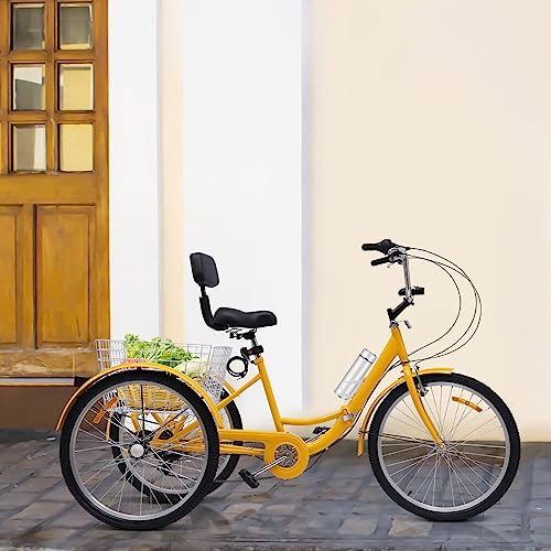 24 Zoll Erwachsene Faltrad 7 Geschwindigkeit Erwachsenen Dreirad Fahrrad mit Rückenlehne und Einkaufskorb für Erwachsene und Senioren (Gelb)
