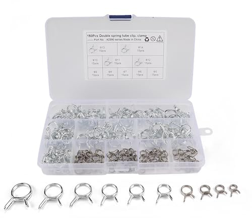 150 Pezzi Morsetto a Molla a Doppio Filo10 Dimensioni 5-14mm Fascette Stringitubo a Molla in Acciaio inossidabile per Tubo del Carburante Fascette Stringitubo Doppie per Tubi Gas Acqua