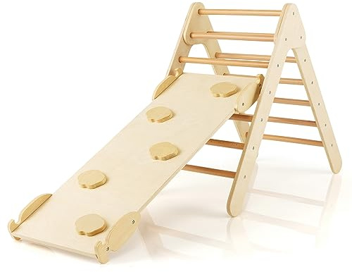 LIFEZEAL 3 in 1 Kletterset mit Rutsche Einstellbare Neigung Stabile Dreieck Kletterleiter Holz Kindergarten Freizeitpark Spielzeug für Kinder 1 Jahr+