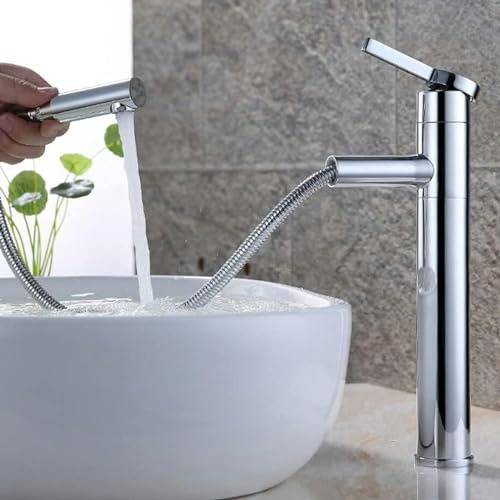 BTURYT Elegante Rubinetto per Lavabo Alto Allungabile per Bagno con Doccetta Estraibile Miscelatore Lavabo Monocomando Rubinetteria Bagno Bocca Girevole 360° Bagno in Ottone (Cromo, H32cm)