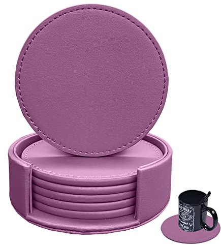 RICHSUM 6er Set Leder-Untersetzer mit Naht - Spritzschutz für Tisch und Schreibtisch - Strapazierfähig, rutschfest - Perfekt für Glas-Kaffeetassen & Becher - 10 cm(Violett)