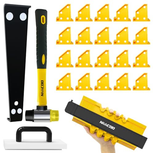 NAACOO Laminate Flooring Tools, Flooring Installation Kit，Professional Vinyl Flooring Tools - Tapping Block with Handle, 10” Contour Gauge, Pull Bar, 2 in 1 Flooring Spacers, Rubber Mallet
