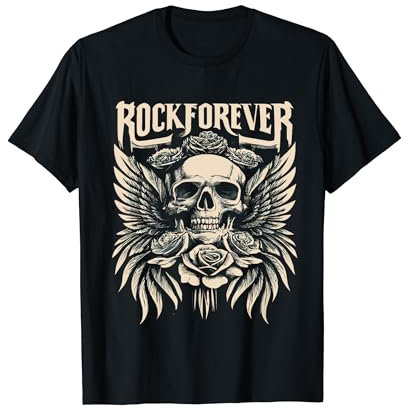 Classic Tattoo Style Skull Wings Roses ROCKFOREVER BAND T-Shirt