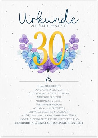 maloOo Geschenke Perlenhochzeit Geschenk Urkunde zum 30. Hochzeitstag | personalisierte Karte DIN A4 | Geschenkidee Perlen Hochzeit Jubiläum Glückwunschkarte (30. Hochzeitstag Perlenhochzeit)