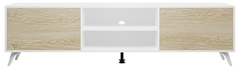 mattfy Mueble de TV de Diseño Nórdico, Modelo Eyra, 2 Compartimentos de Almacenamiento y 2 Puertas, Apto para Televisores de hasta 77 Pulgadas, Color Blanco-Roble