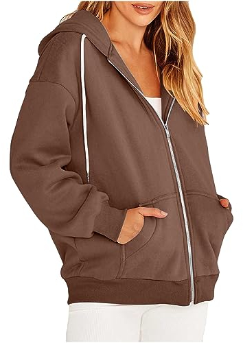 Sweater Damen Worker Sweater Kaputze Herbst Dicke Zip Longsleev Sweater Damens Coole Solid Retro Soft übergröße Braun