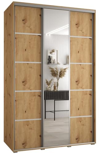 MEBLE KRYSPOL Davos 5 160 Schrank mit DREI Schiebetüren für Schlafzimmer - Moderner Schrank mit Spiegel, Kleiderstange und Regalen - 235,2x160x60 cm - Artisan Artisan Silber