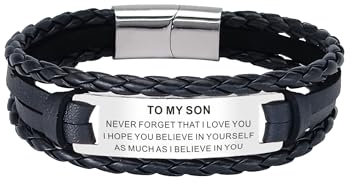 HAYOUWAY Mens Leather Bracelet Gifts for Him Men, Personalised Handmade Braided Leather Bracelet for Men Women Teen Boys Son Gifts with Stainless Steel Magnetic Clasp Engraved Inspirational Quote