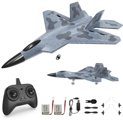 rc tech Ferngesteuertes Flugzeug 2CH, RC Flugzeug F-22 mit 2 AKKU 30MINS Laufzeit, RC Kämpfer Spielzeug mit 6 Axis Gyro System für Anfänger Kinder Erwachsene