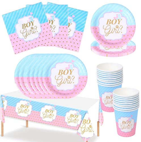 Bikasun Gender Reveal Party Deko Geschirr Set für 16 Gäste, Pappteller Servietten Becher Tischdeko Boy or Girl Deko Partyzubehör Babyparty