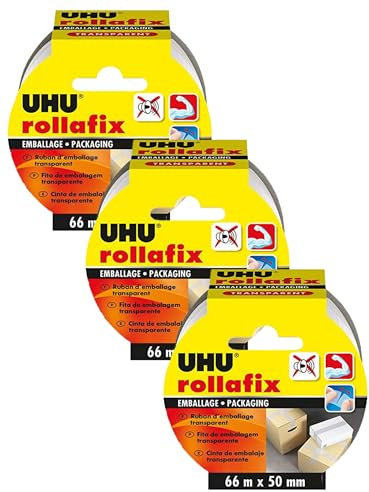 UHU Rollafix - Ruban adhésif d'emballage transparent, 66m x 50 mm (Lot de 3)