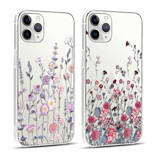 Xylota 2 Stück Handyhülle für iPhone 11 Pro 5,8 Hülle, Transparent Case mit Aesthetic Muster Blumen, Durchsichtig Weich Silikon Ultra Dünn TPU Stoßfeste Kratzfest Schutzhülle Frauen Mädchen Cover