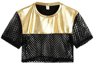 GORGLITTER Men's Fishnet Crop Tops Short Sleeve Mesh T-Shirt See Through Party Nightwear Sheer Shirt Black and Gold XL