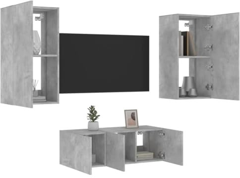 AIJUUKJP Nice Entertainment Centers & TV-Ständer, 4-teilige TV-Wohnwand mit LED, Betongrau, Holzwerkstoff