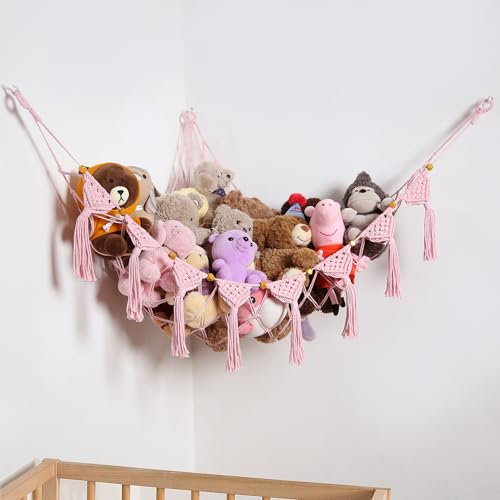 Aufbewahrung Netz Hängend Spielzeug Organizer Kinderzimmer Stofftier Hängematte für Kuscheltiere Teddy Eckspielzeug für Schlafzimmer(Rosa)