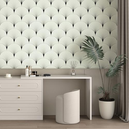 Yullpaper Papier peint beige/noir Film décoratif autocollant pour meubles Noir/beige Motif géométrique abstrait Papier peint pour salon, armoire, cuisine, 44,5 x 300 cm