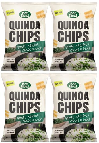 Eat Real Quinoa Chips Sour Cream Chive 90g Pack of 4 Plant Based Spring Onion Healthy Vegan Snack Crisps Gluten FREE Sharing Bag Treat with Welari Thank You Card | (4pack) (360g)