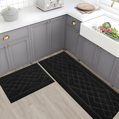 BEQHAUSE Küchenläufer rutschfest 2 Stück, Teppich Läufer waschbar und saugfähig Teppich küche mit TPR Anti-Rutsch Backing für Esszimmer, Küche, läufer Flur， 60x89cm+60x152cm, Schwarz