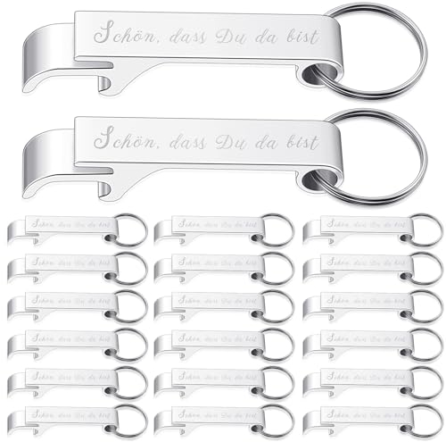 Geiserailie 20 Stück Flaschenöffner Schlüsselanhänger Bierflaschenöffner Bieröffner Kapselheber Schlüssel Anhänger Öffner für Hochzeit Taufe Gästegeschenke(Schön, dass Du da bist)