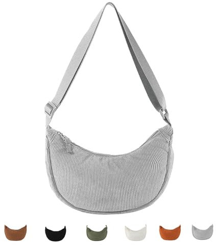 Cord Crossbody Bag für Damen, Cord Halbmond Tasche Umhängetasche Crossbody Moon Bag Hobo Halfmoon Bag Kord Schultertsche für Arbeit Einkaufen Schule Arbeit Shopping (Grau)