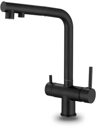 Zeffrary 3-Wege-Küchenarmatur, 360° drehbarer Mischbatterie, Spültischmischer mit flexiblem Auslauf, Küchenspüle Wasserhahn für kaltes und warmes Wasser und Filter schwarz