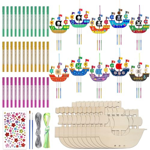 Demarsen 10 Stück Windspiel Bastelset Kinder,DIY Klangspiel Bemalen Handwerk,Piratenschiff Holz Klangspiel Basteln,Bastelhandwerk zum Bemalen für Mädchen Junge Kindergeburtstagnge Kindergeburtstag Kre