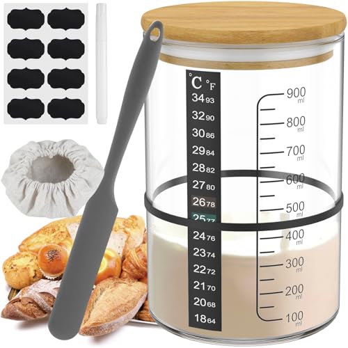 HuhWafee Sauerteig Starter Set 900ml, Sauerteig Glas Mit Holzdeckel Silikonspatel Thermometerpapier Gärtuch, Sourdough Starter Kit Reusable Sauerteig Zubehör Zur Hefegärung Verwendet (900ML)
