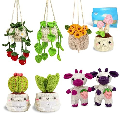 LefeTeny Crochet Kit for Beginners, Complete Amigurumi Craft Kit with 8 Hanging Potted Plants and Strawberry Cow Family, Step by Step Video Tutorials Included (40% + Yarn)