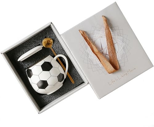 Ceramic Coffee Mug 13.5 oz Cute Mugs with Lid and Spoon, Funny Mugs Cereal Bowl Soccer Gifts for Coaches Fans Players, Gag Sports Cool Stuff Cups Soccer Mom Unique Teacups Retirement Gifts, Black