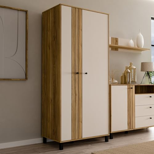 Forte KILLARNEY Kleiderschrank 88, Schrank im Scandi-Stil mit 2Drehtüren, Einlegeböden und Lamellen-Detail, Kaschmir/Beige, Mauvella Eiche/Sand Dekor, 88,1 cm breit, 195,8 cm hoch, 52,7 cm tief