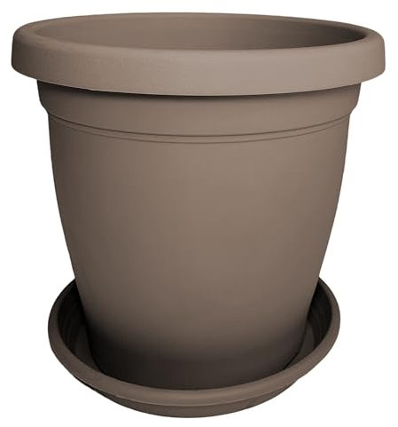 Sicignano | Vaso Verona Rotondo con Sottovaso, Plastica Riciclabile, Fori di Drenaggio, Moderno Classico, Interni Esterni, per Piante Fiori Orto Giardino (Avana, 35 cm)