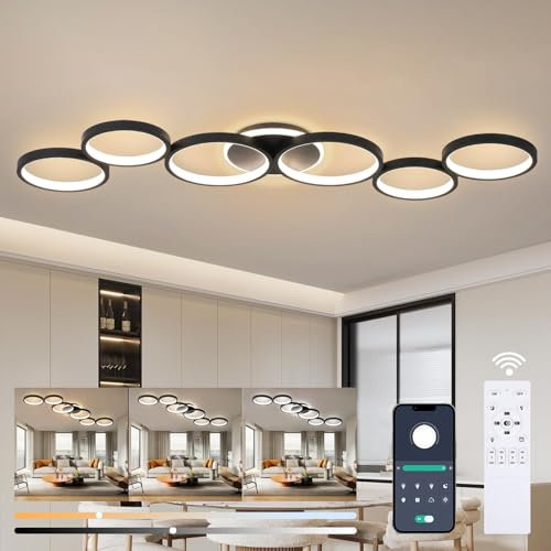 LED Deckenleuchte Dimmbar Wohnzimmer Deckenlampe Schwarz Wohnzimmerlampe Schlafzimmerlampe Fernsteuerung und App Steuerung, Modern 6-Rund Ring Deckenbeleuchtung mit Memory Funktion, L113cm/69W
