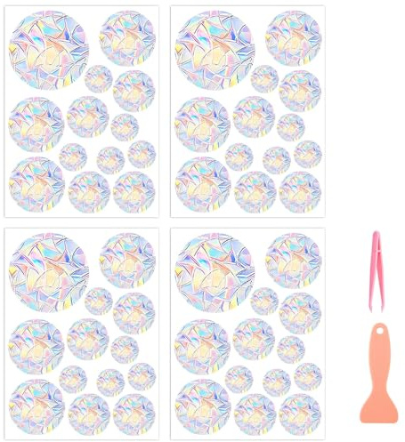 AMFUN 52 Stück Prism-Fenster-Abziehbilder, 4 Blatt Prisma Fensteraufkleber, Suncatcher Sticker, Vogelschutz Aufkleber, Fenstersticker für Stoppt Vögel Türfenster Esszimmer, Fensterbilder Frühling