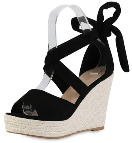 VAN HILL Damen Keilsandaletten Keilabsatz Bast Trendy Schuhe 216971 Schwarz 38