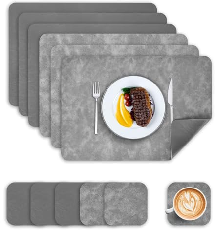 Wanfolle Tischsets Abwaschbar und Untersetzer 6er Set, Tischsets Leder Platzset Abwischbar Doppelseitigen Hitzebeständig Wasserdicht rutschfest Platzdeckchen Lederoptik (Grau Dunkelgrau)