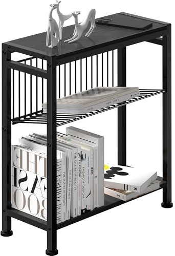Beistelltisch schmal, Couchtisch klein mit 3 Ablagen, Zeitschriftenhalter, Sofa Beistelltisch für schmale Räume, Drahtgeflecht, Nachttisch klein, für Wohnzimmer, Schlafzimmer, Arbeitszimmer, Schwarz