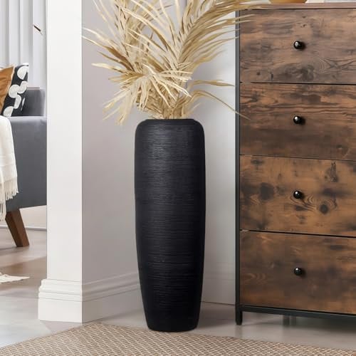JIDOFUE Schwarz Boho Bodenvase aus Keramik, 60 cm, Rustikale Vintage Vase für Wohnzimmer Dekoration, Pampasgras oder Trockenblumen, Perfekt für Regale und Tische