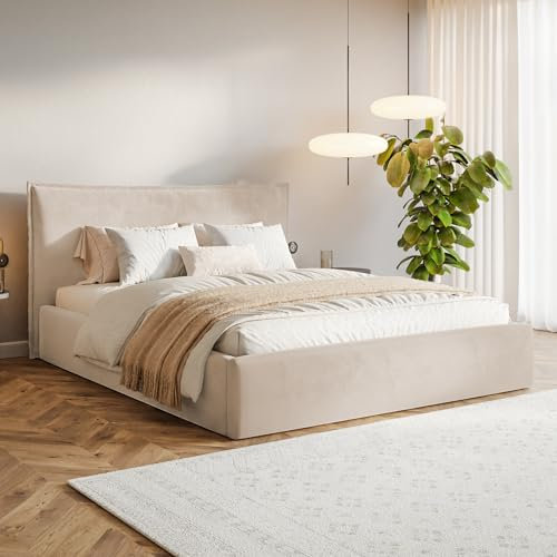 MOTIVENA Leno Bett 180x200, Polsterbett 180x200 Samt, mit Bettkasten, mit Stauraum, mit Lattenrost, mit Kopfteil, ohne Matratze, Beige (Creme)