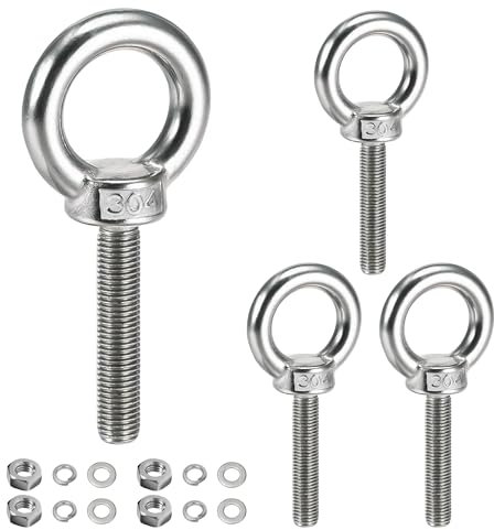 Lot de 4 vis à œil filetées extérieures en acier inoxydable M10 : vis à œillets avec rondelles et écrous hexagonaux pour la fixation et la suspension
