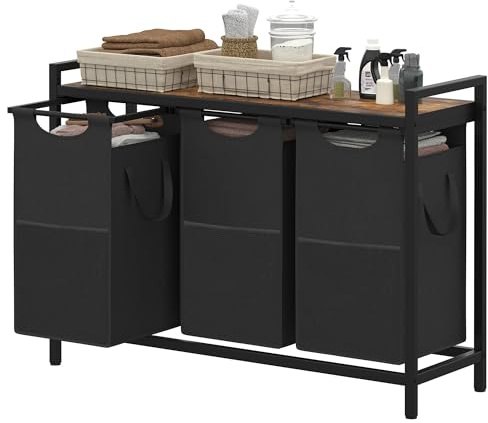 Heybly Wäschekorb mit 3 Fächern, 3×56.8L, Waschesammler mit Aufbewahrungsgestell, Waschebox mit abnehmbaren Oxford-Stoffbeuteln für Wäscherei, Badezimmer und Wohnheim, Vintage-Braun HLH003SR