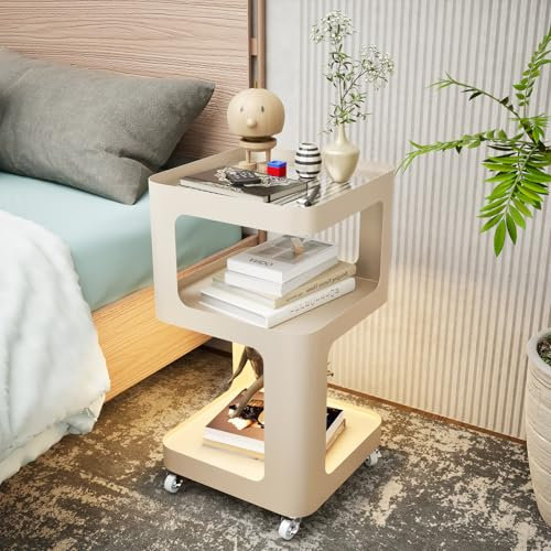 TWSOUL Nachttisch, Offenes Fach Beistelltisch Modern Nachttisch Schmal 2 Ebenen Beistelltisch auf Rädern für Schlafzimmer, Wohnzimmer 35 * 59cm Beige