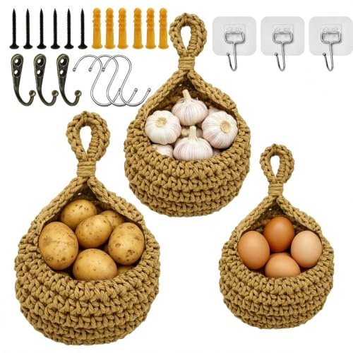 MospdyGear 3Pcs Hanging Fruit Basket, Hanging Vegetable Basket for Kitchen, for Fruit Vegetable Storage (Brown) (Regular)
