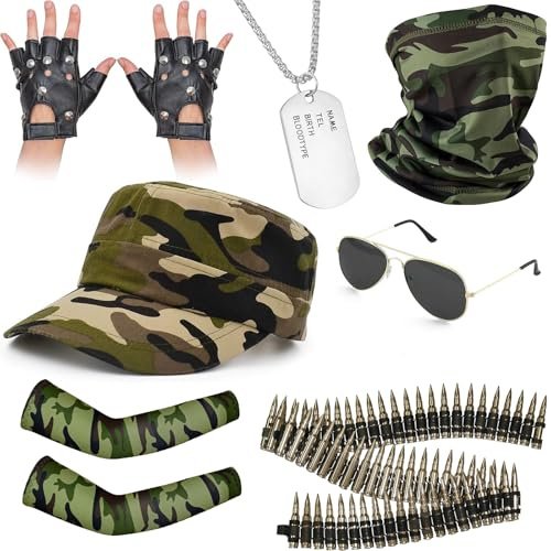 9-teiliges Halloween-Kostüm, Armee-Soldaten-Zubehör-Set für Erwachsene, Camouflage-Hose, Hut, Kugelgürtel, taktische Handschuhe, Schutzbrille, Erkennungsmarke, Halskette und Gesichtsschal