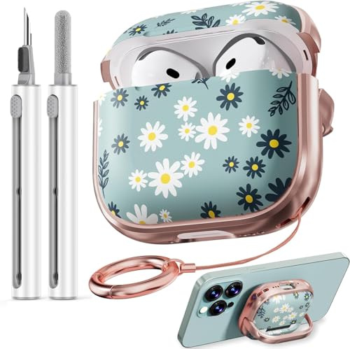 Inesore for AirPods 4 Case (2024) with Lock-Green Daisy | Two-Piece Design,with Gold Keychain & Cleaning Pen,Support Wireless Charging,Cute Luxury Case for Women Girly