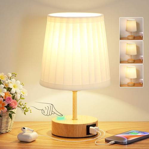 Aooshine Touch Table Lamp for Living Room Bedroom with Fabric Shade | Bedside Lamps with USB A+C Charging Ports, 3-Way Dimmable Small Lamp for Kids Room, Study, Dorm, Office(Bulb Included)